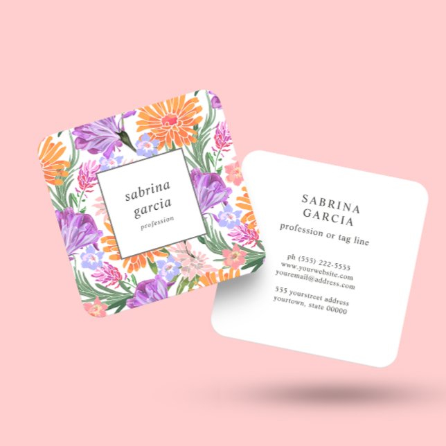 Brilliant Flowers | Violet Blue orange pink Square Business Card (Creator Uploaded)