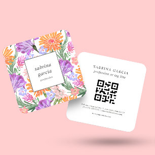 Brilliant Flowers   Violet Blue orange QR Code  Square Business Card
