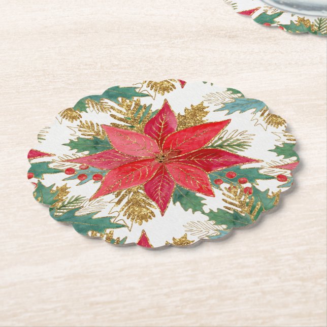Brilliant Poinsettia and Holly Paper Coaster (Angled)