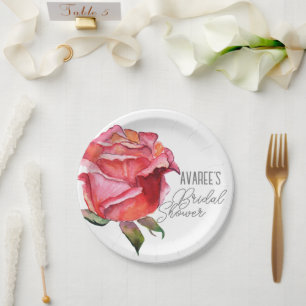 Brilliant Red Watercolor Rose Bridal Shower Paper Plate