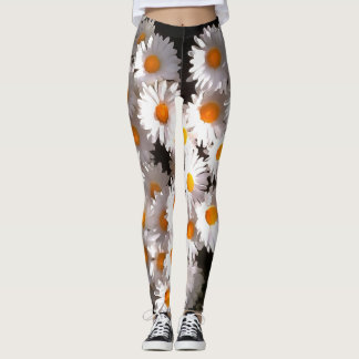Brilliant White Daisies On Black Floral Art Leggings