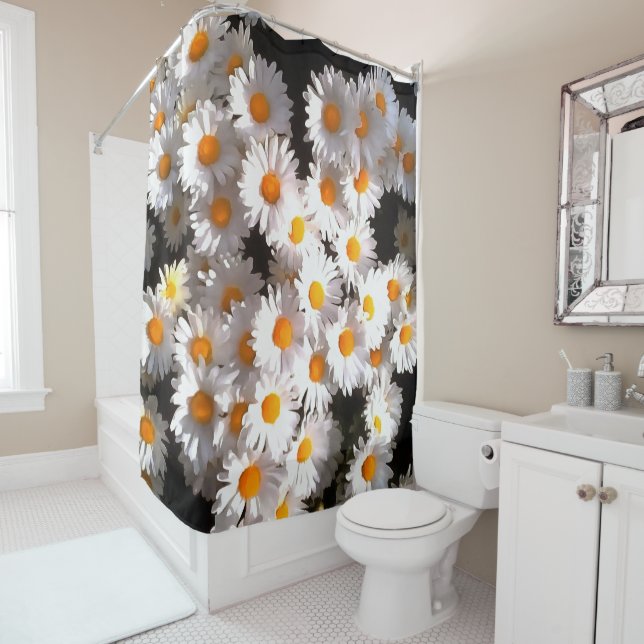 Brilliant White Daisies On Black Floral Art Shower Curtain (In Situ)