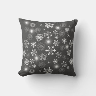  Brilliant White Winter Charcoal Gray Snowflakes Cushion