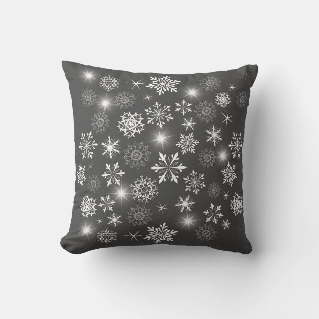  Brilliant White Winter Charcoal Grey Snowflakes Cushion (Front)