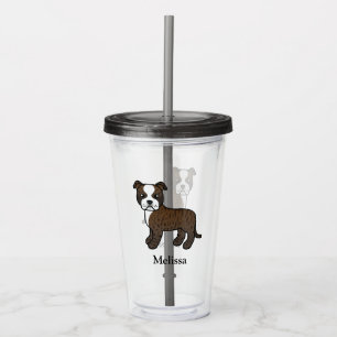 Brindle And White Staffie Cute Cartoon Dog & Name Acrylic Tumbler