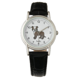 Brindle And White Staffie Cute Cartoon Dog & Name Watch