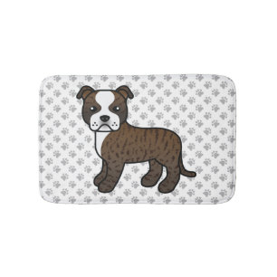 Brindle And White Staffie Cute Cartoon Dog & Paws Bath Mat