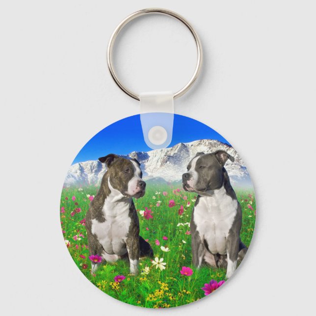 Brindle & Blue Staffordshire & Pit Bull Dogs Key Ring (Front)