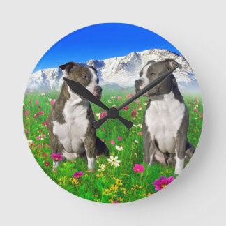Brindle & Blue Staffordshire & Pit Bull Dogs Round Clock