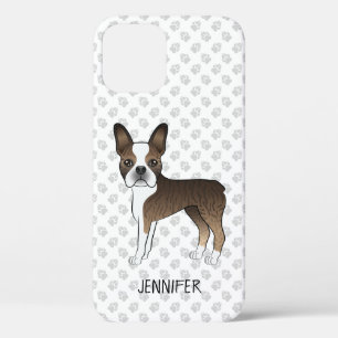 Brindle Boston Terrier Cartoon Dog & Custom Name iPhone 12 Case
