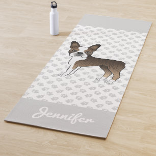 Brindle Boston Terrier Cartoon Dog & Custom Name Yoga Mat