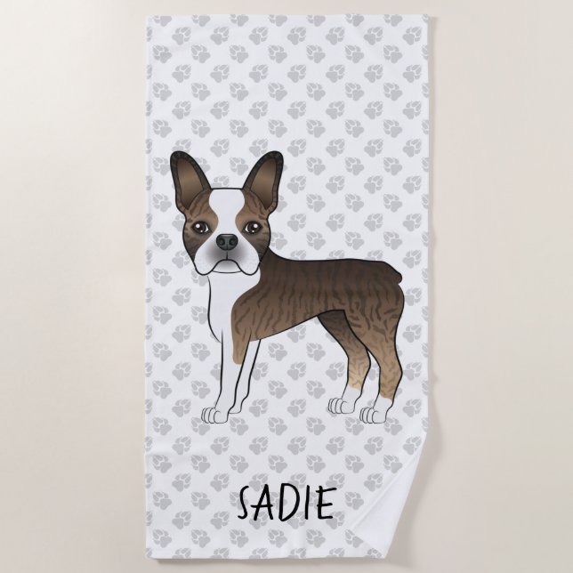 Brindle Boston Terrier Cartoon Dog & Custom Text Beach Towel (Front)