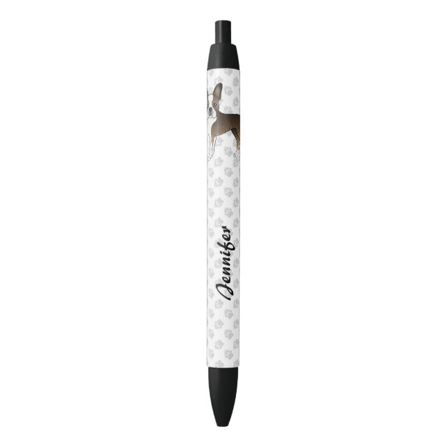 Brindle Boston Terrier Cartoon Dog & Custom Text Black Ink Pen (Front Vertical)