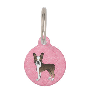 Brindle Boston Terrier Cartoon Dog On Pink Hearts Pet Tag
