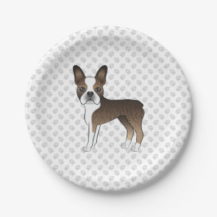 Brindle Boston Terrier Cute Cartoon Dog & Paws Paper Plate