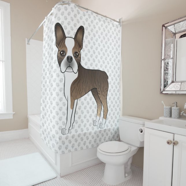 Brindle Boston Terrier Cute Cartoon Dog & Paws Shower Curtain (In Situ)