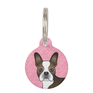 Brindle Boston Terrier Dog Head On Pink Hearts Pet Tag