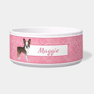 Brindle Boston Terrier Dog On Pink Hearts And Name