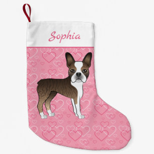 Brindle Boston Terrier Dog On Pink Hearts And Name Small Christmas Stocking