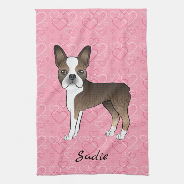 Brindle Boston Terrier Dog On Pink Hearts And Name Tea Towel (Vertical)