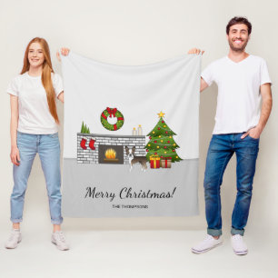 Brindle Boston Terrier In A Festive Christmas Room Fleece Blanket
