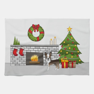 Brindle Boston Terrier In A Festive Christmas Room Tea Towel