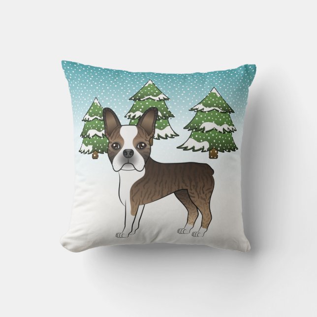 Brindle Boston Terrier In A Winter Forest Cushion (Front)