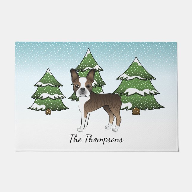Brindle Boston Terrier In A Winter Forest & Name Doormat (Front)