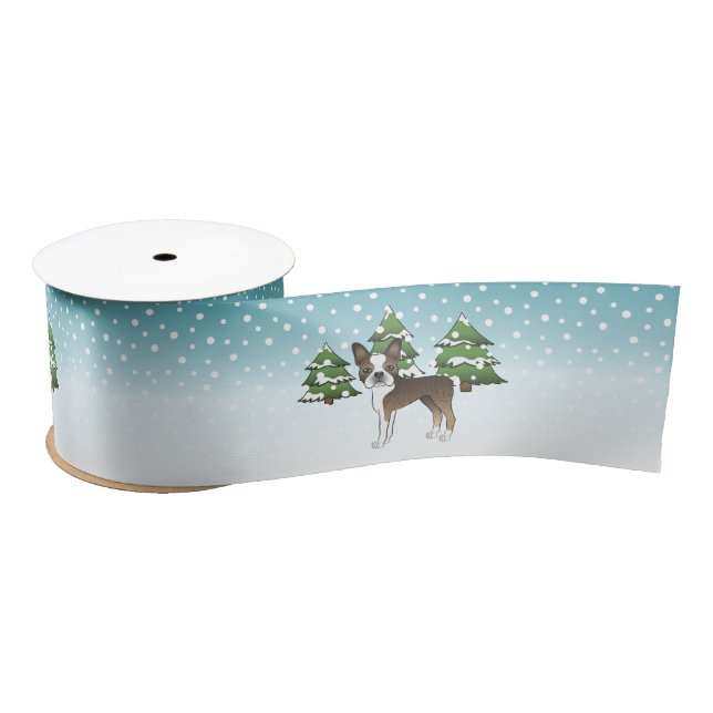 Brindle Boston Terrier In A Winter Forest Satin Ribbon (Spool)