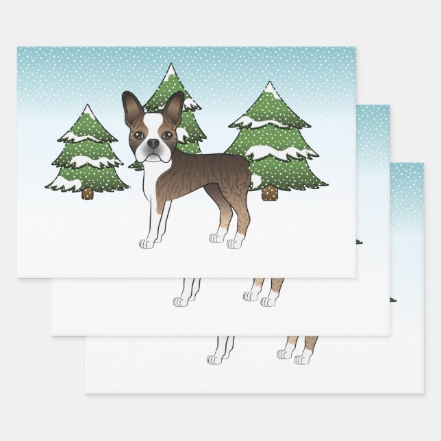 Brindle Boston Terrier In A Winter Forest Wrapping Paper Sheet (Set)