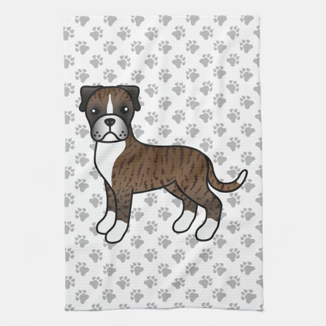 Brindle Boxer Cute Cartoon Dog & Paws Tea Towel (Vertical)