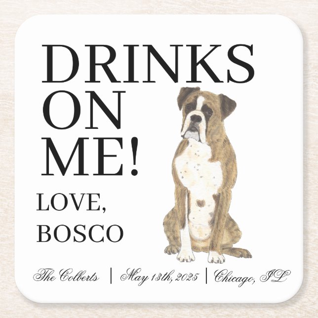 Brindle Boxer Wedding Square Paper Coaster (Front)