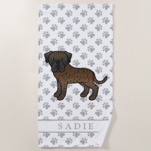 Brindle English Mastiff Cute Cartoon Dog & Name Beach Towel