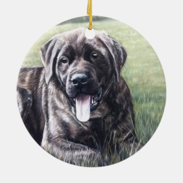 Brindle English mastiff lying in the grass Ceramic Tree Decoration (Back)