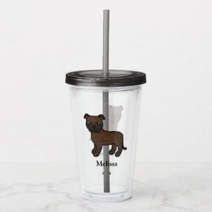 Brindle English Staffie Cute Cartoon Dog & Name Acrylic Tumbler