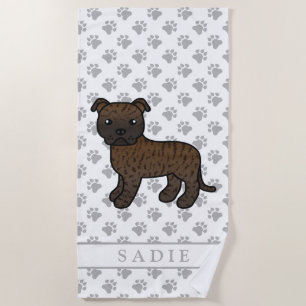 Brindle English Staffie Cute Cartoon Dog & Name Beach Towel