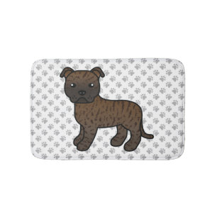 Brindle English Staffie Cute Cartoon Dog & Paws Bath Mat