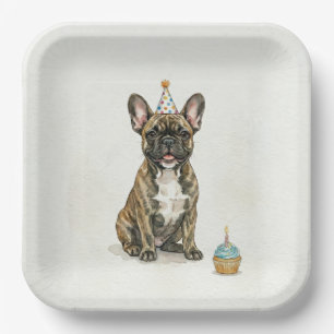 Brindle French Bulldog Birthday Party Hat Cupcake Paper Plate