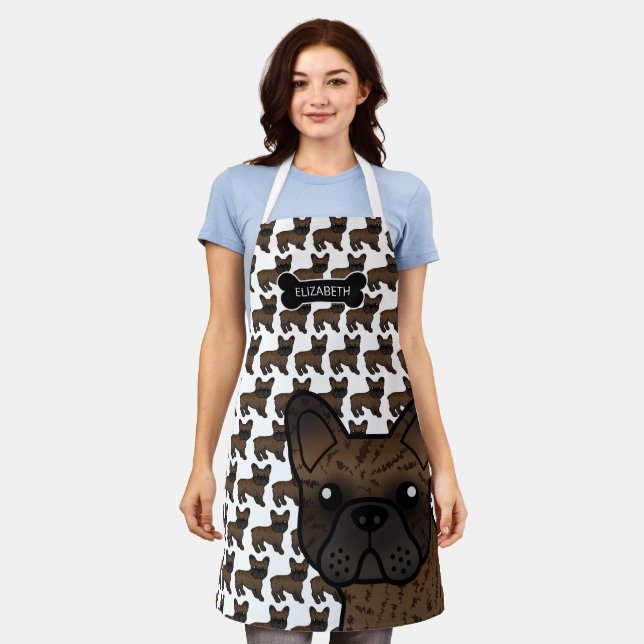 Brindle French Bulldog Cute Cartoon Dog & Name Apron (Worn)
