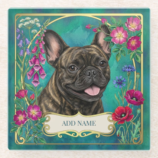 Brindle French Bulldog Floral Botanical Glass Coaster (Front)
