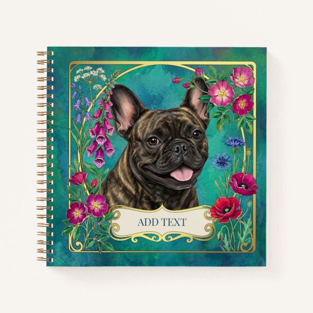 Brindle French Bulldog Floral Botanical Teal Notebook (Front)