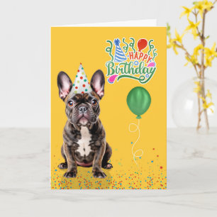 Brindle French Bulldog Party Hat Yellow Birthday Card