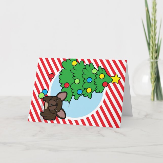 Brindle Frenchie with Christmas Tree on Stripes Holiday Card (Front)