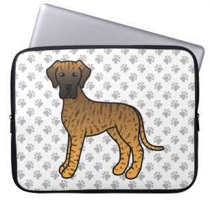 Brindle Great Dane Cute Cartoon Dog & Paws Laptop Sleeve