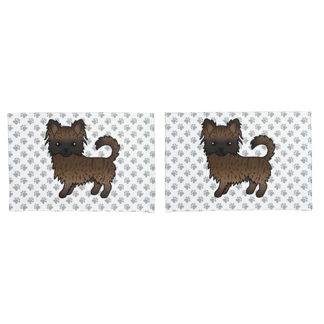 Brindle Long Coat Chihuahua Cartoon Dog & Paws Pillowcase (Front-Set)