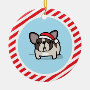 Brindle Pied Frenchie on Candy Cane Stripes Ceramic Tree Decoration