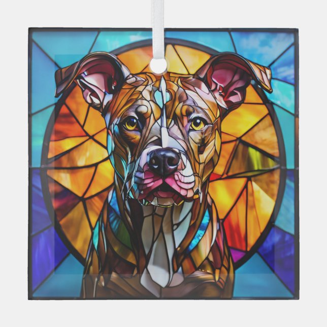 Brindle Pit Bull Dog "Stained Glass" Glass Tree Decoration (Front)