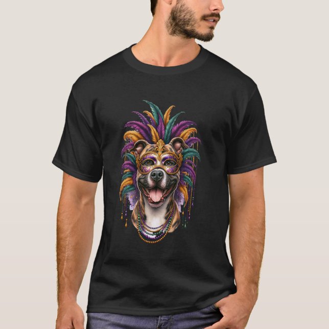 Brindle Pitbull Dog Mardi Gras T-Shirt (Front)