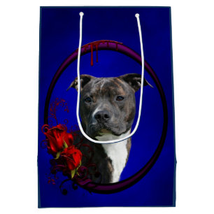 Brindle pitbull with roses medium gift bag