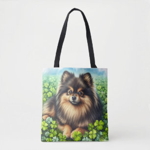 Brindle Pomeranian Watercolor Clover Shamrock Tote Bag